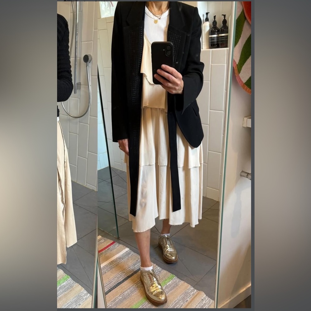 Zara Beige Viscose layered Soft V-neck Midi Dress